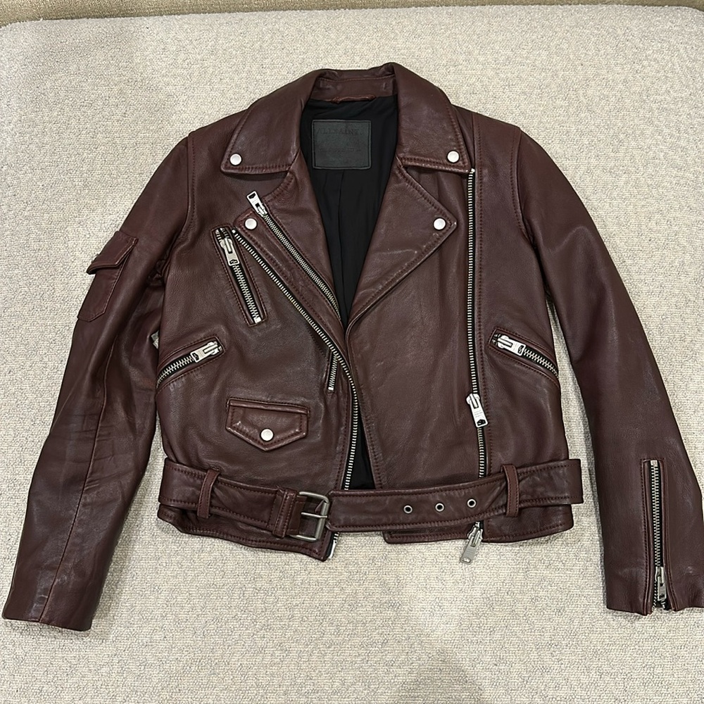 AllSaints maroon 100% lamb leather jacket